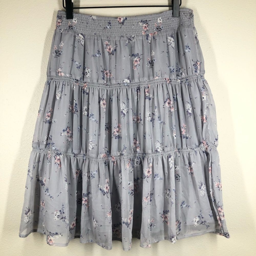 Sundance Gray Floral Chiffon Full A Line Knee Length Skirt Size Medium